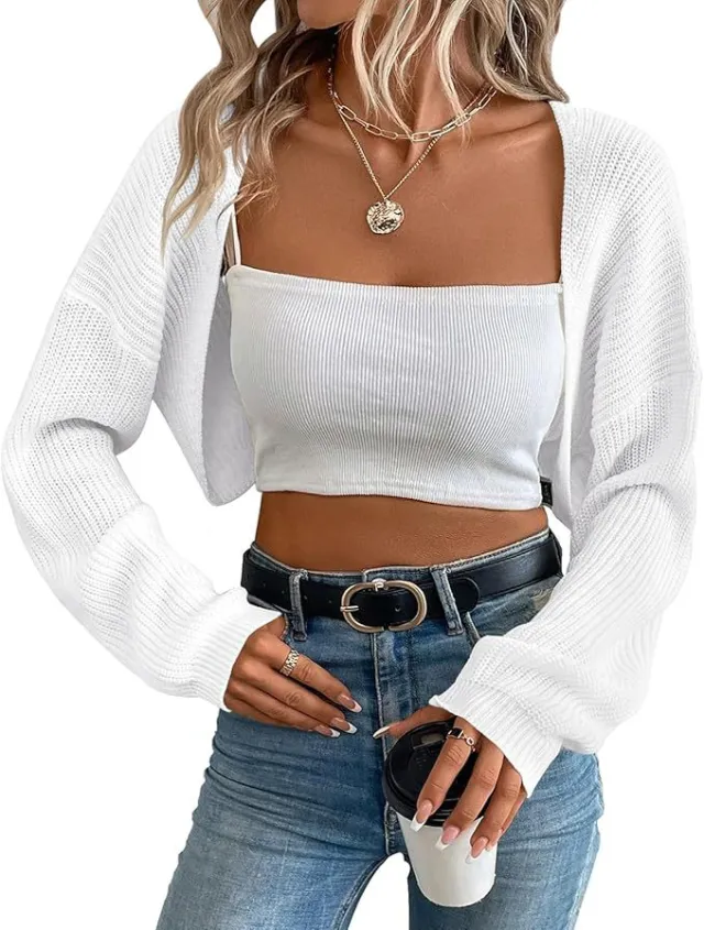 European And American Knitwear Women's Cardigan Shawl Long sleeved Knitted Short Top White - Shop at LoveMi