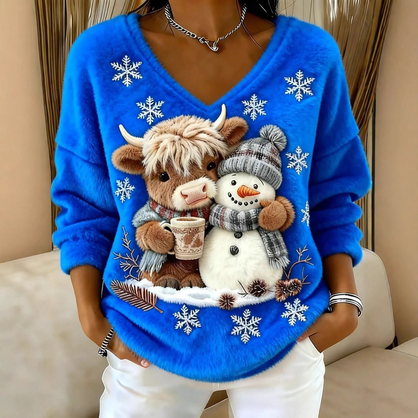 Fashionable Digital-Printed Christmas Women's V-Neck Sweater - Image 1