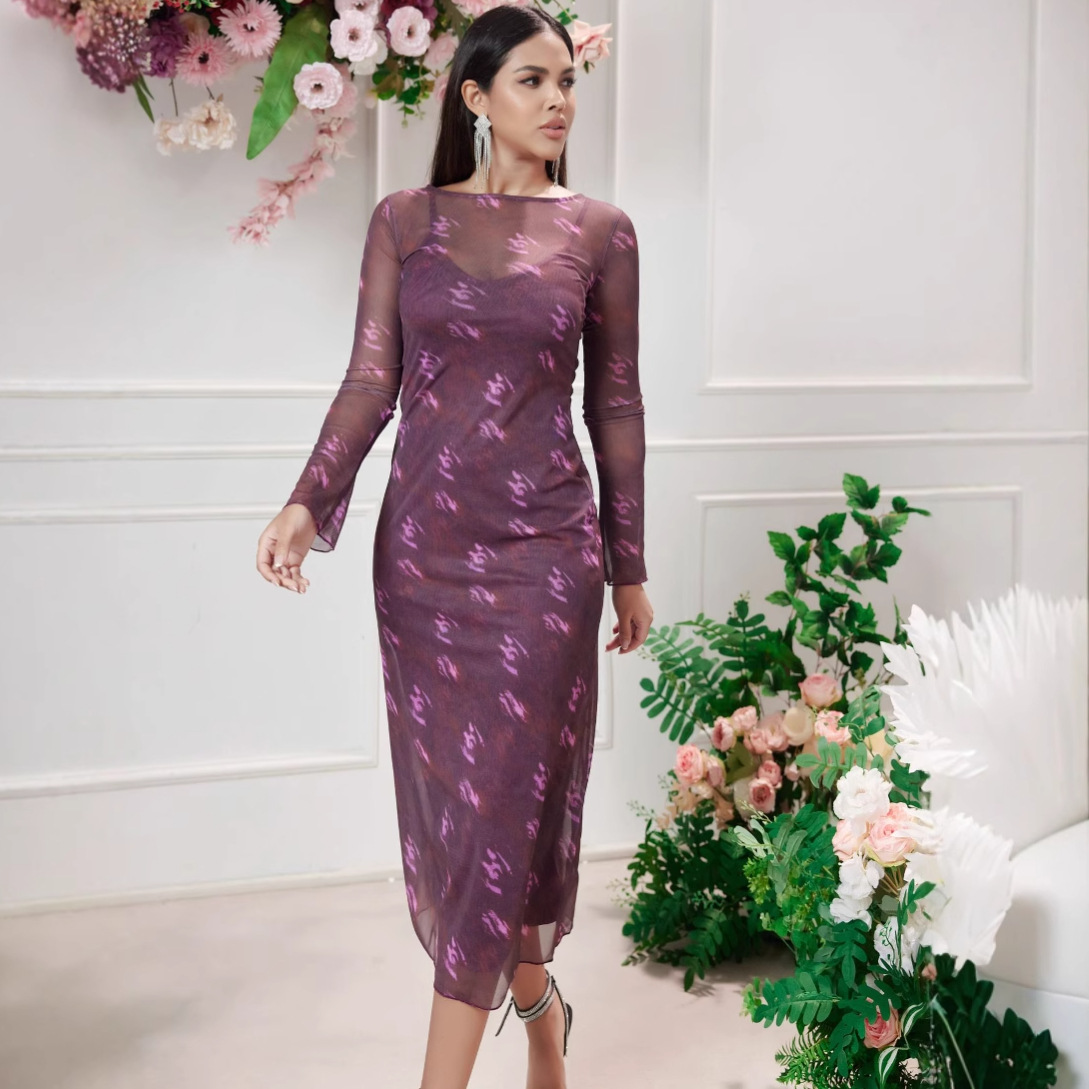 Women's Clothing Mesh Floral Print Dress Suit