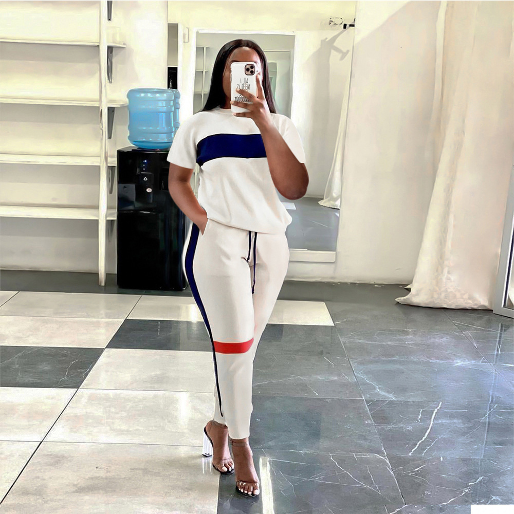 Striped Stitching Long Sleeve Top Suit Exercise Casual Pants Two piece Suit For Women Short Sleeve White - Shop at LoveMi
