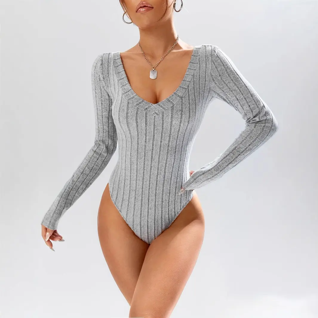 Simple Casual Solid Color Deep V-neck Slim