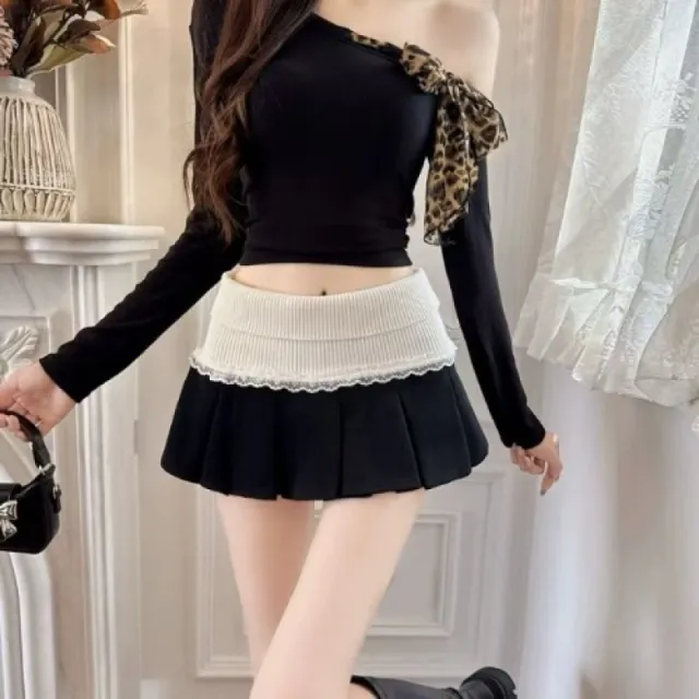 Women's Lace Stitching Design Pleated Skirt Black - Shop at LoveMi