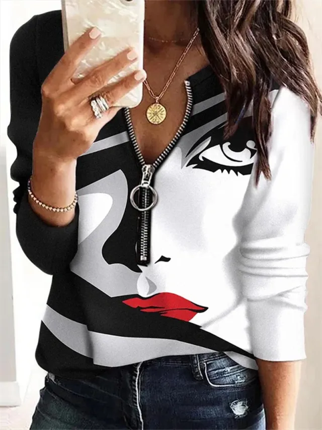 Geometric Abstract Printing Long Sleeve Zipper Sweater Pullover Beauty - Shop at LoveMi