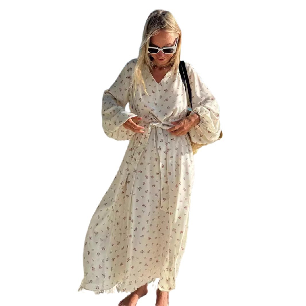 Chiffon Printed V-Neck Long Dress
