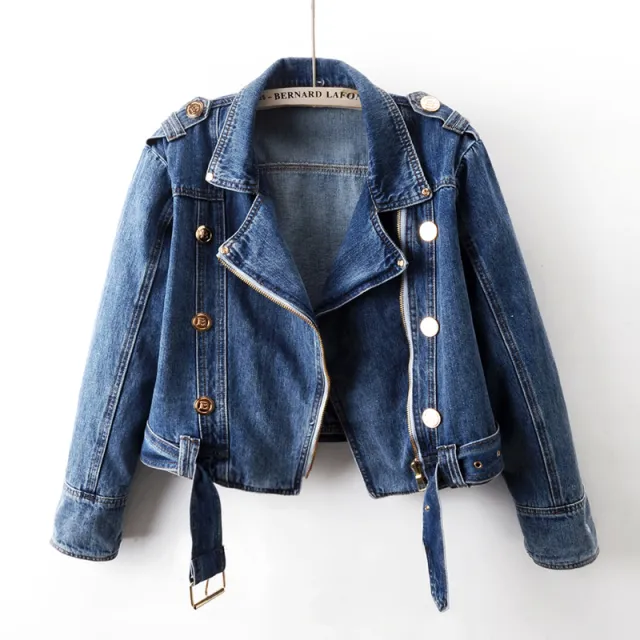 Women's Short Loose Top Motorcycle Jacket Dark Blue - Shop at LoveMi
