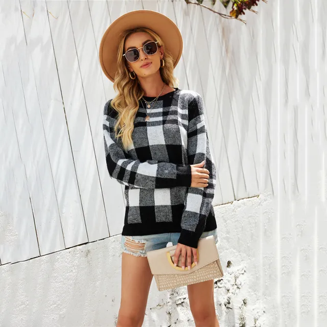 European And American Style Women Pullover Plaid Sweater Plus Size Knitwear Black - Shop at LoveMi