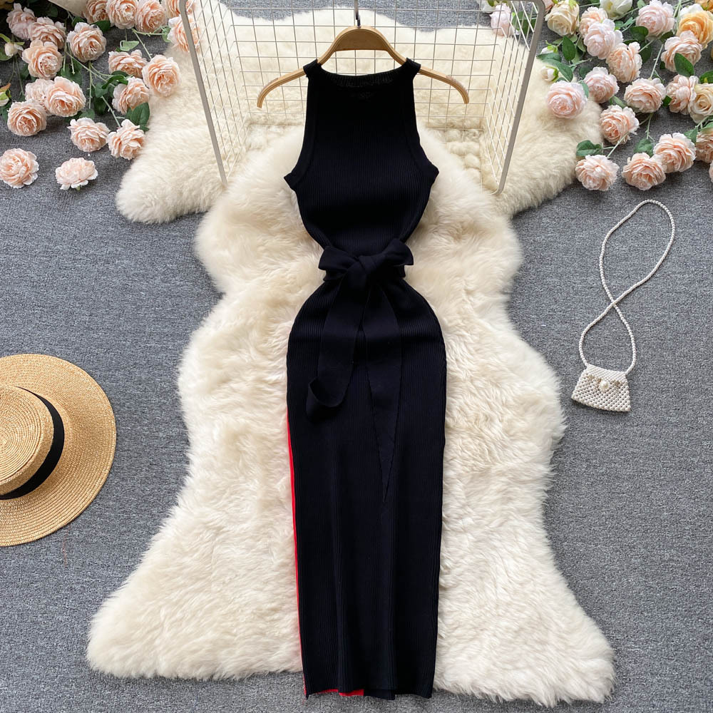Slim Fit Slimming Long Round Neck Sleeveless Dress Color Matching Skinny Sheath Knitted Dress