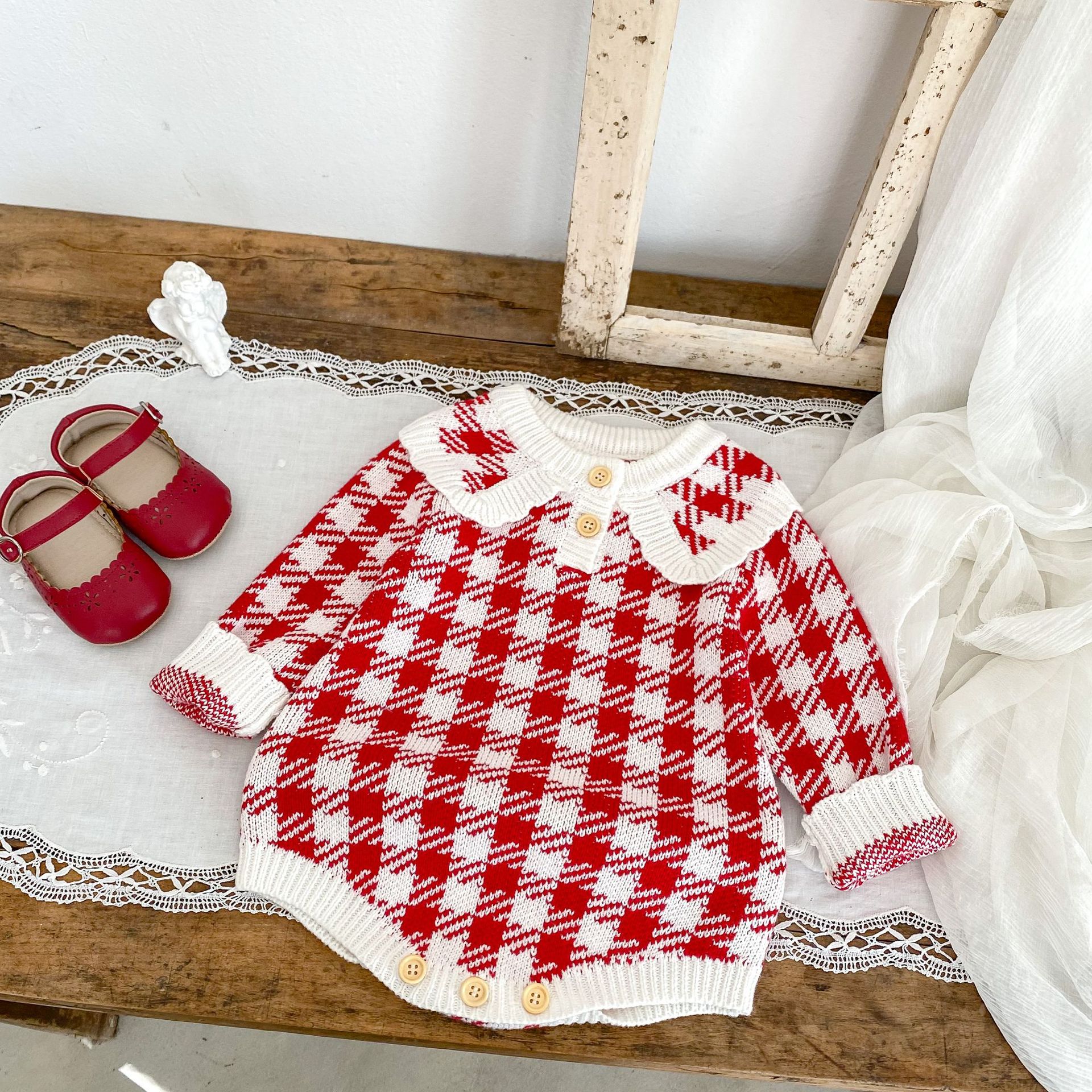 Title 11, Autumn Baby Girl Red Houndstooth Cotton Yarn Kn...