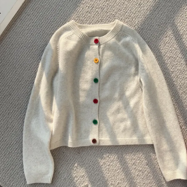 Korean style Age reducing Rainbow Single breasted Round Neck Beige - Shop at LoveMi