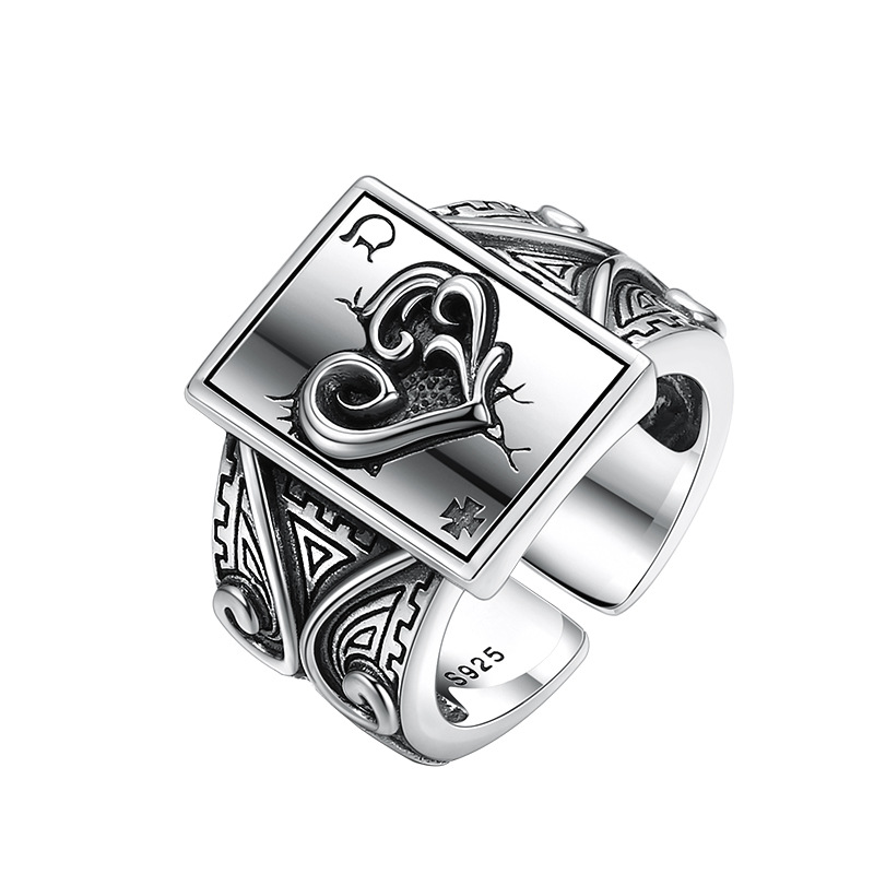 925 Sterling Silver Poker Card Ring Open-End Adjustable