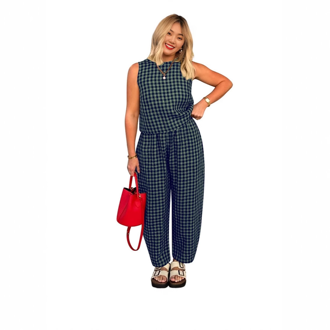 Women's Solid Color Plaid Loose Casual Sleeveless Vest Pants Suit