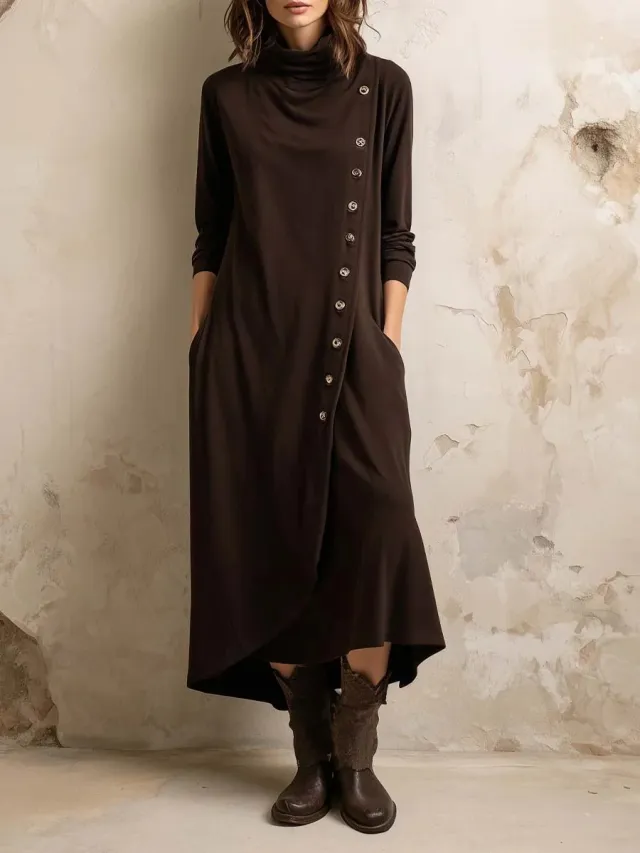 High neck Pocketed Button front Long sleeve Elegant Dress Red - Shop at LoveMi