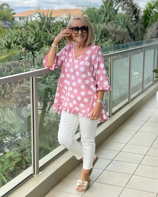 Short Sleeve V collar Polka Dot Printed Cotton And Linen T Pink - Shop at LoveMi