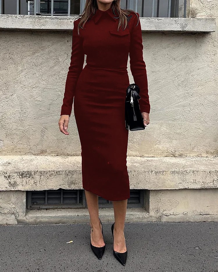 Autumn New Polo Collar Long Sleeve Slim Fit Sheath Dress Red - Shop at LoveMi