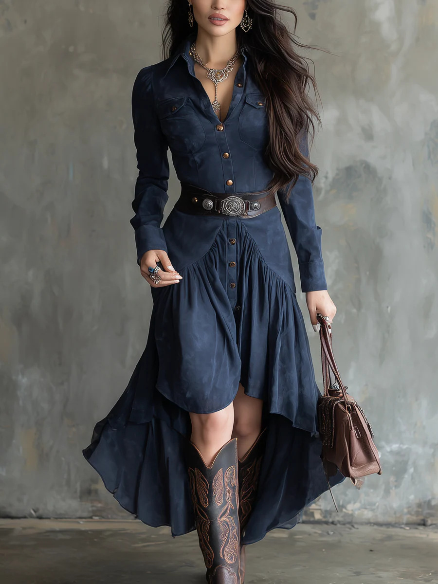 French Suede High waisted Flare Cake Maxi Skirt With Belt Dark Blue - Shop at LoveMi