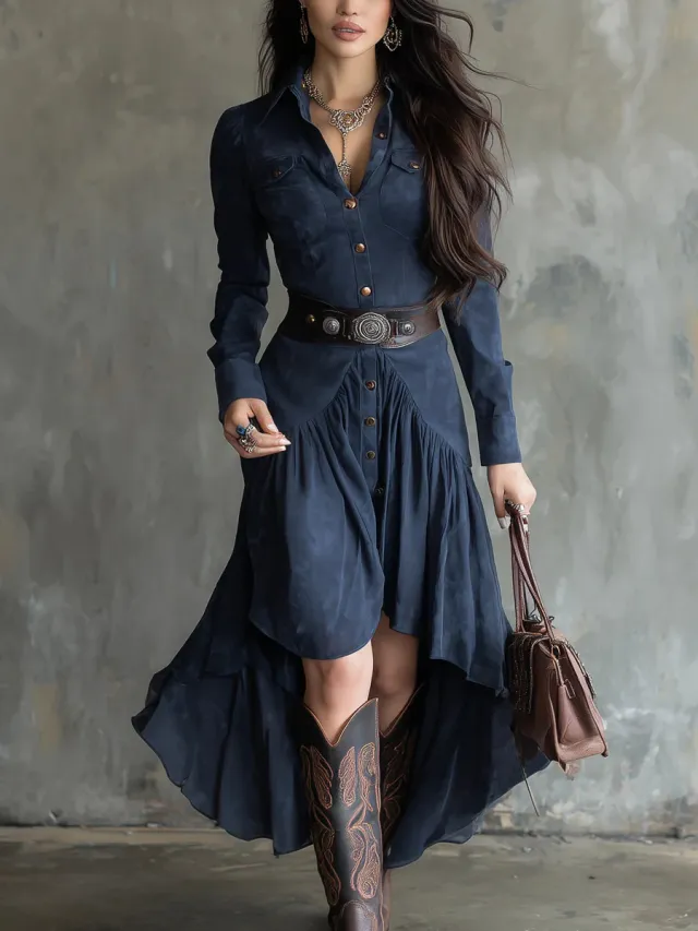 French Suede High waisted Flare Cake Maxi Skirt With Belt Dark Blue - Shop at LoveMi