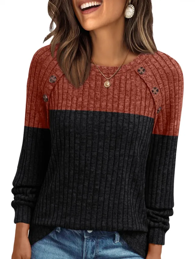 Women's Round neck Sunken Stripe Brushed Solid Color Top Long Sleeve Brick Red And Black - Shop at LoveMi