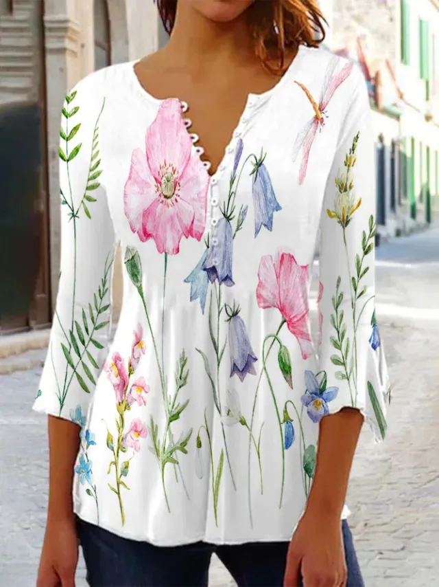 Women's Floral Printed 34 Sleeves V neck Buttons Shirt Qfx25 - Shop at LoveMi