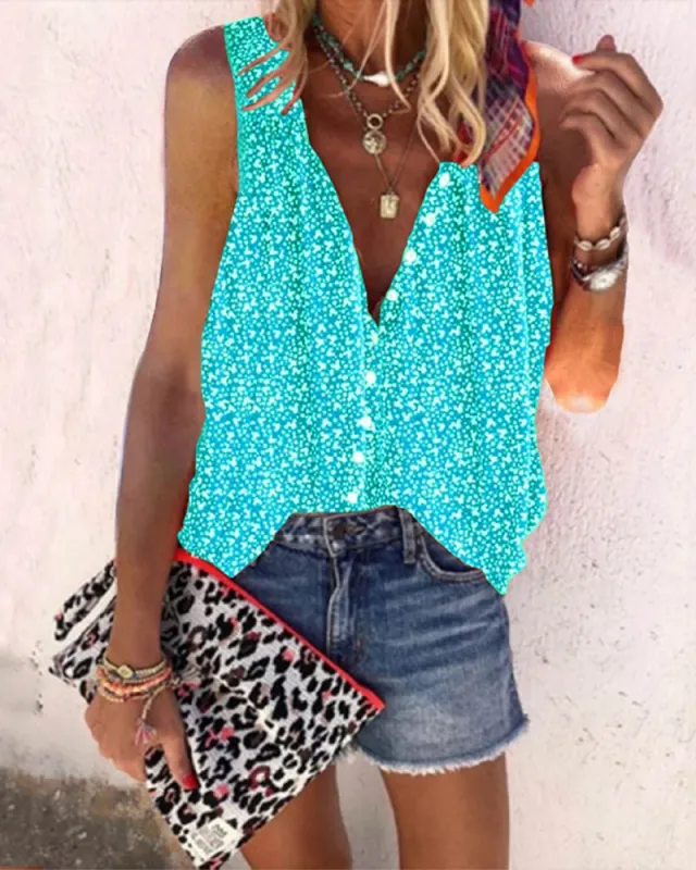 European And American Breasted Casual Loose Printed Sleeveless Shirt Sky Blue - Shop at LoveMi