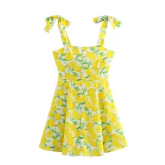 Fashion Small Temperament Printed Linen Blended Mini Dress - Yellow - View 1