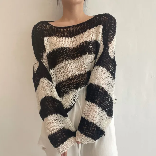 Off shoulder Drop shoulder Sleeve Mixed Color Stripe Hollow Sun Protection Thin Sweater Black - Shop at LoveMi