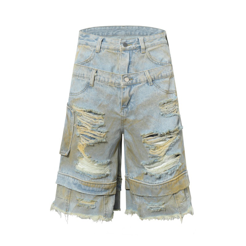 Printed Loose Denim Cropped Pants Men's Casual Wide Leg Shorts