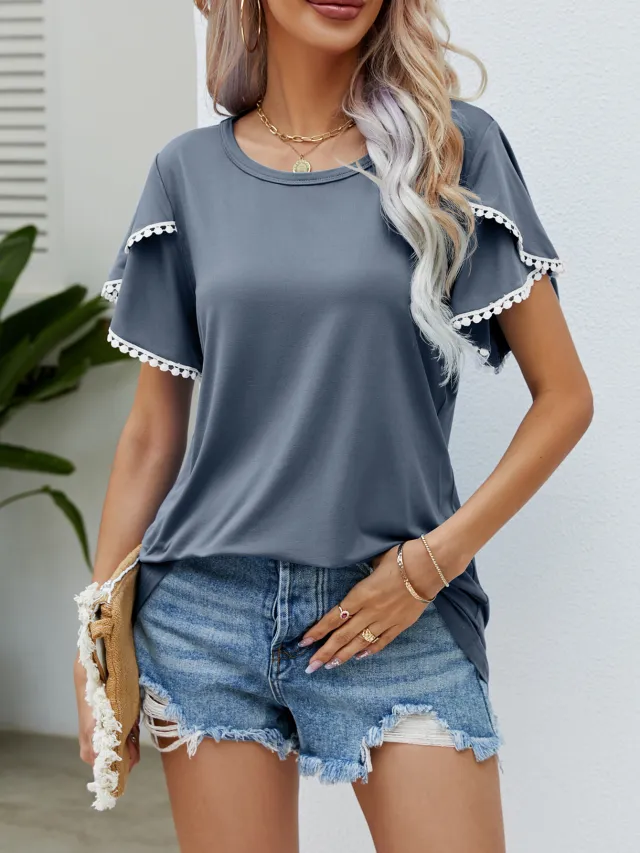 Round Neck Tassel Tulip Sleeve T shirt Casual Top For Women Dark Gray - Shop at LoveMi