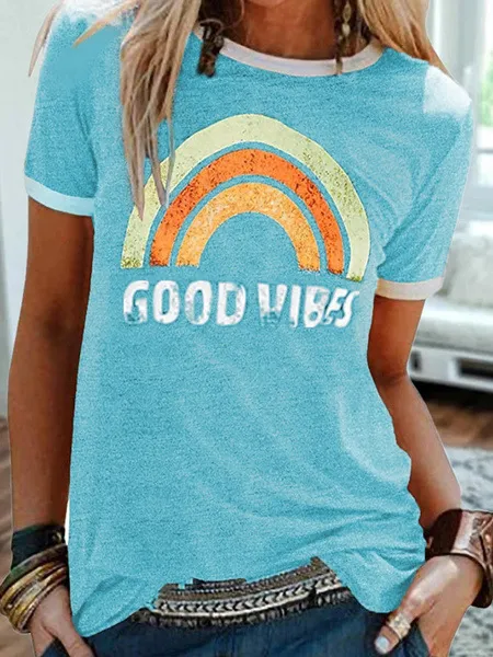 Women's Printed Round Neck Short Sleeve T shirt Sky Blue - Shop at LoveMi