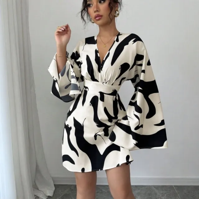 New V neck Abstract Printing Bell Sleeve Waist Dress Apricot - Shop at LoveMi