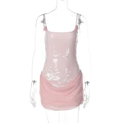 Strapless Spaghetti Strap Collage Mesh Bodycon Dress - Pink - View 1