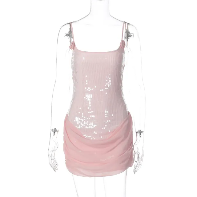 Strapless Spaghetti Strap Collage Mesh Bodycon Dress Pink - Shop at LoveMi