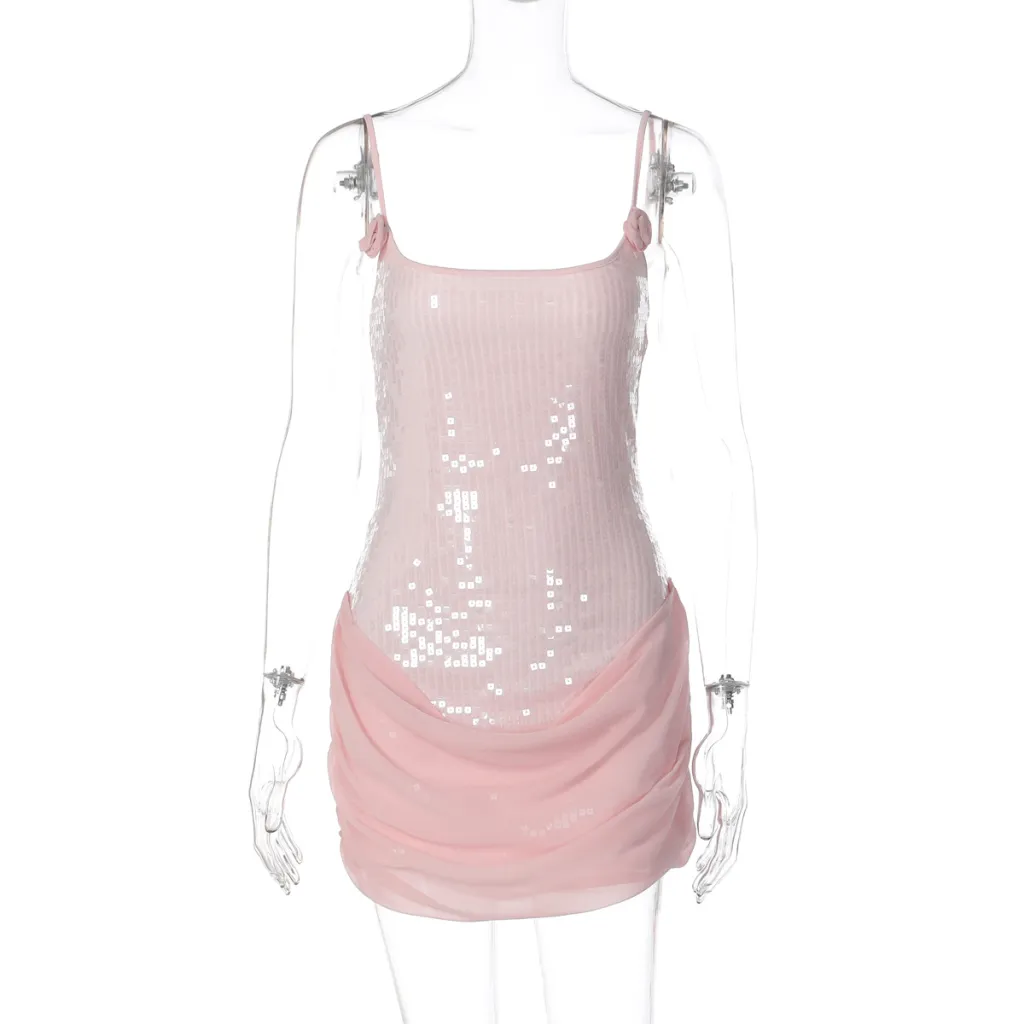 Strapless Spaghetti Strap Collage Mesh Bodycon Dress - Pink