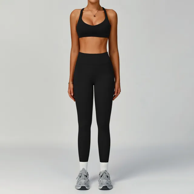 Women's Pure Color Tight Hollow out Beauty Back Sports Outdoor Running Outfit Trousers Suit Black - Shop at LoveMi