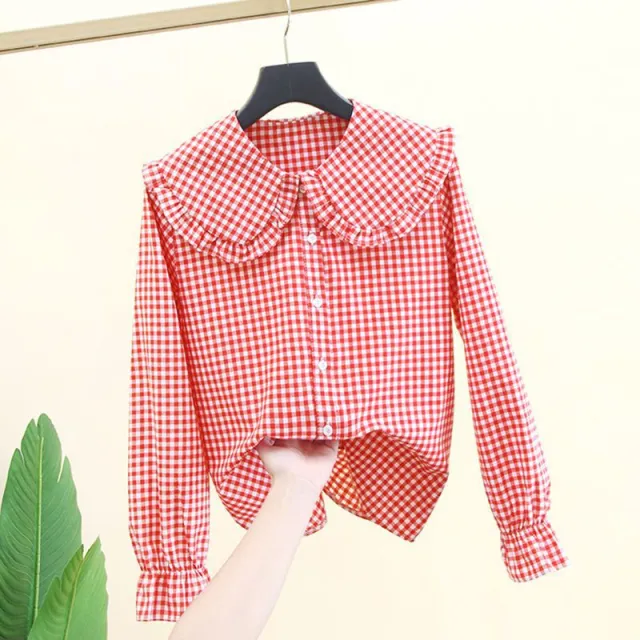 Long Sleeve Inner Wear Korean Loose Cotton Doll Collar Jacket Big Doll Collar Red Plaid - Shop at LoveMi