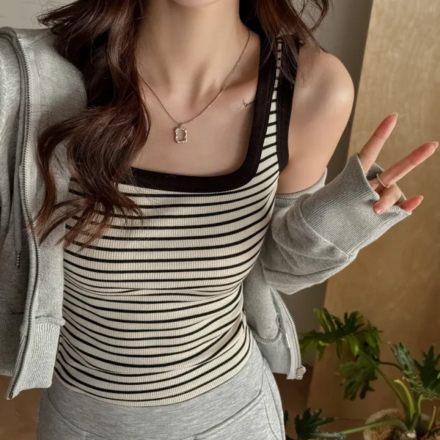 Black Striped Sleeveless Vest Bottoming Halter Top Beige - Shop at LoveMi