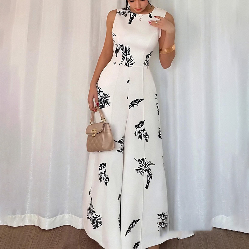 European And American Casual Printed Sleeveless Fashionable Elegant Slim-fit Waist-defined Wide-leg Jumpsuit