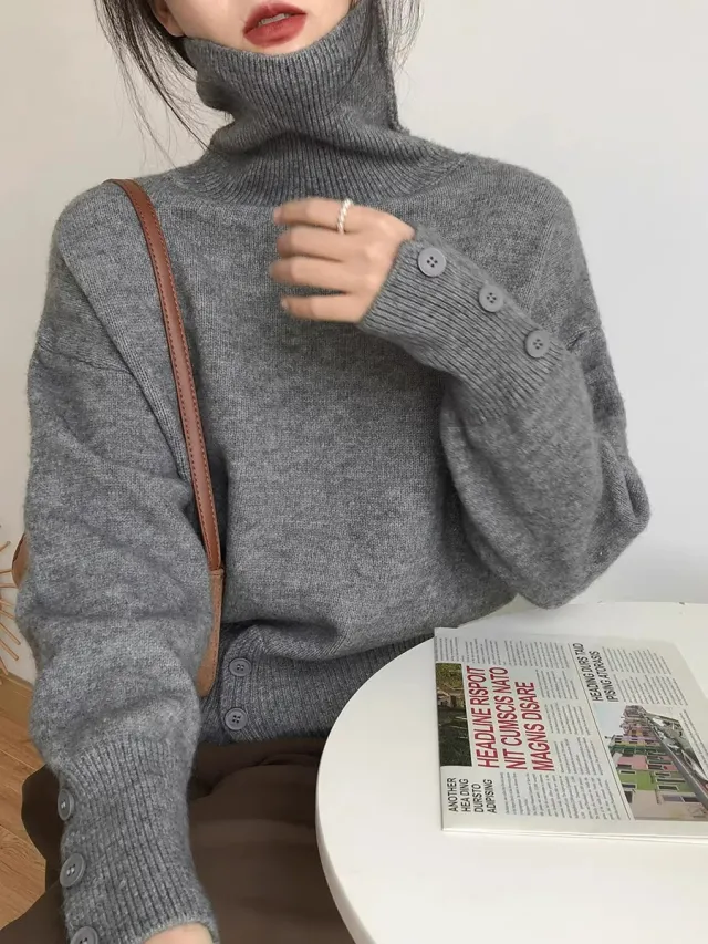 Design High Waist Button Retro Lazy Style Wear Sweater Gray - Shop at LoveMi