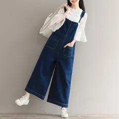 Women's Loose Large Size Cropped Pants Wide Leg Denim Brace Trousers - Dark Blue - View 1