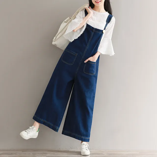 Women's Loose Large Size Cropped Pants Wide Leg Denim Brace Trousers Dark Blue - Shop at LoveMi