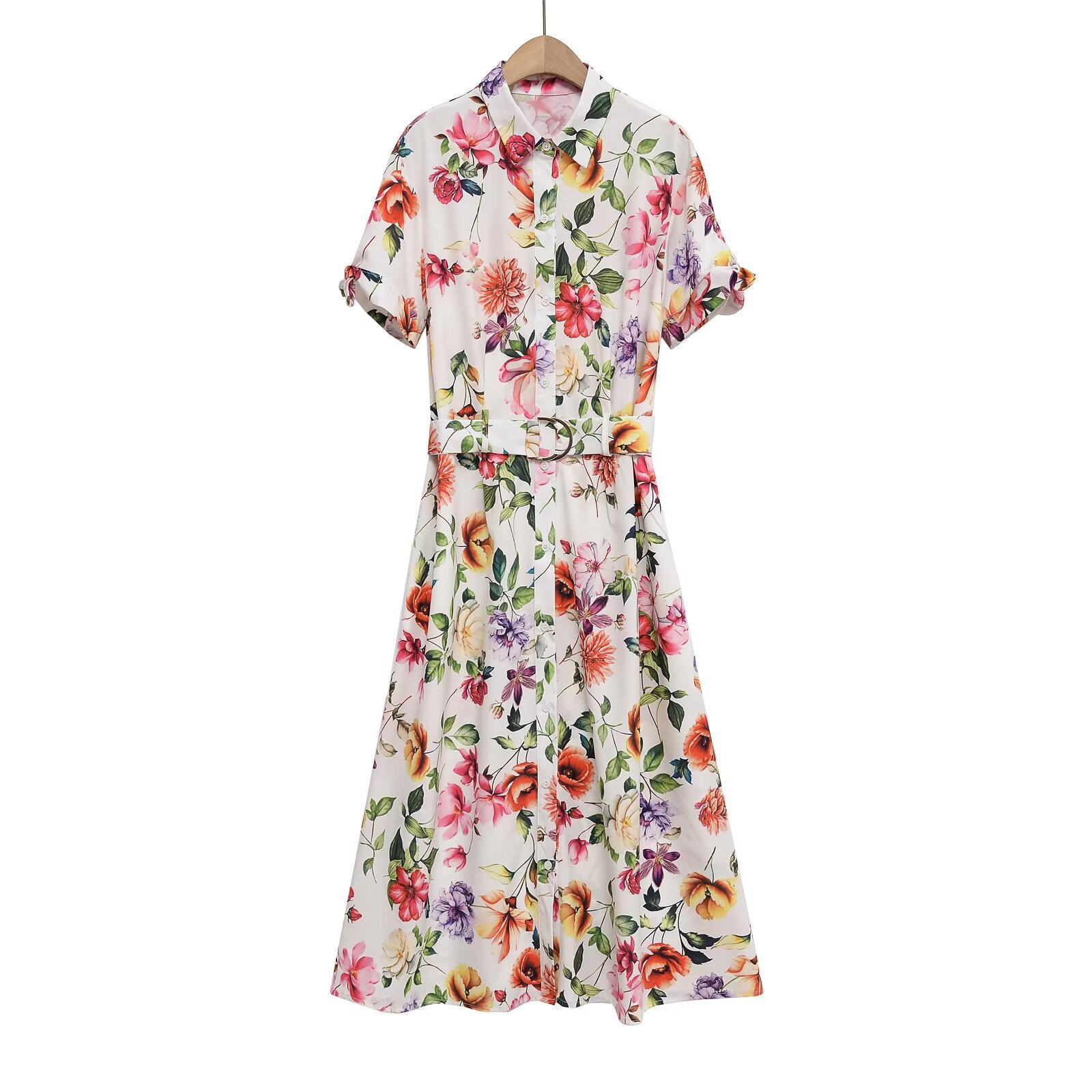 Women's Turn down Collar Belted Waist Print Poplin Midi Long Dress Color L - Shop at LoveMi
