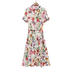 Women's Turn-down Collar Belted Waist Print Poplin Midi Long Dress - Colour - View 1