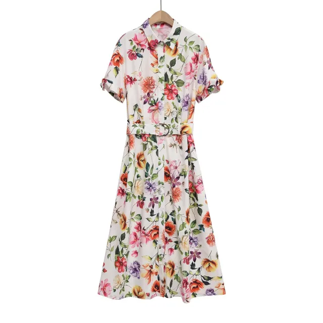 Women's Turn down Collar Belted Waist Print Poplin Midi Long Dress Color - Shop at LoveMi