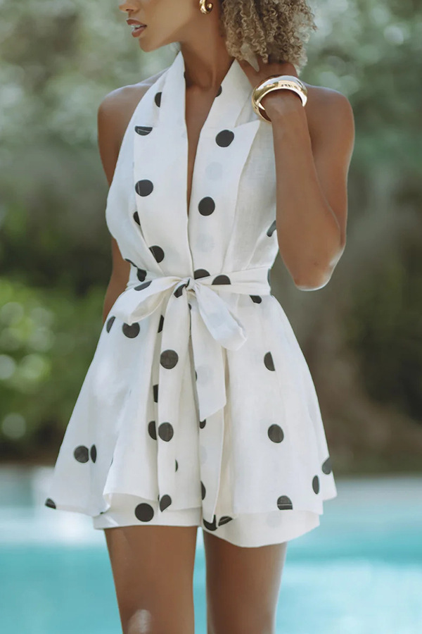 Halter Sleeveless Printed Suit Loose Polka Dot White - Shop at LoveMi