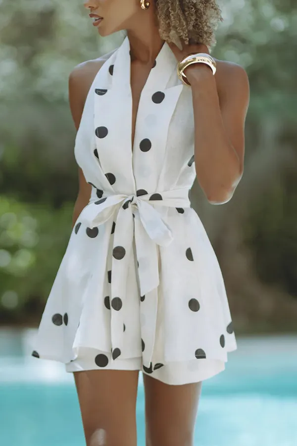 Halter Sleeveless Printed Suit Loose Polka Dot - White
