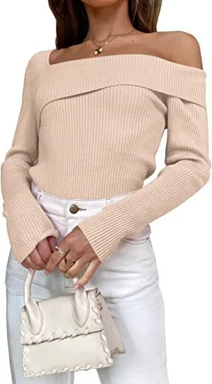 European And American Autumn Leisure Long sleeved Slim Off shoulder Knitted Sweater Pullover Top Apricot - Shop at LoveMi