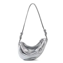 Full-grain Sheepskin Croissant Genuine Leather Saddle Bag Underarm Crossbody Bag - Silver - View 1