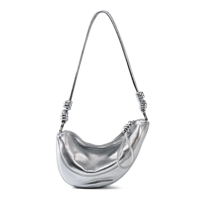 Full grain Sheepskin Croissant Genuine Leather Saddle Bag Underarm Crossbody Bag Silver - Shop at LoveMi
