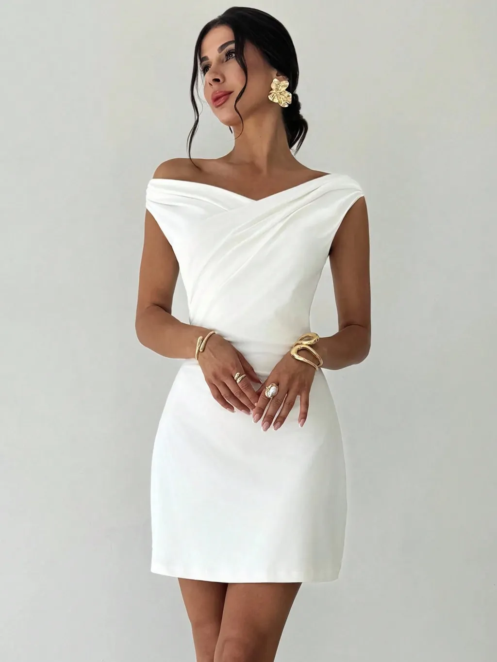 Women's Autumn Winter New Cross Collar Spliced Sleeveless Double Layer Dress - White