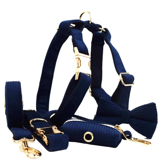 Navy Blue Corduroy Pet Collar Outdoor Dog Leash Hand Holding Rope Full Set - Shop at LoveMi