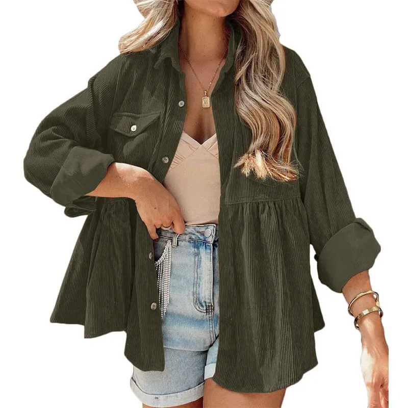 Fashion Corduroy Ruffled Shirt Top For Women - Army Green